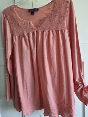 Peach Pink Smocked Yoke Long-Sleeve Tunic